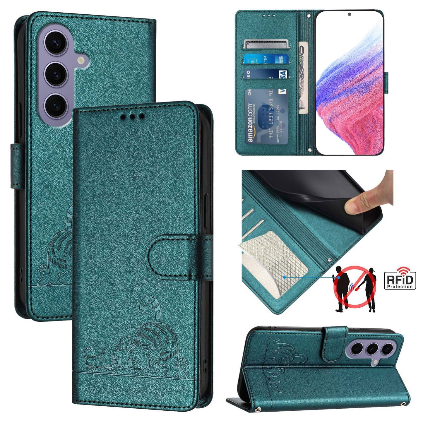 Samsung Galaxy S24 5G Cat and Rat Embossed Pattern, RFID Leather Phone Case with Lanyard, Kickstand, and Wallet Features