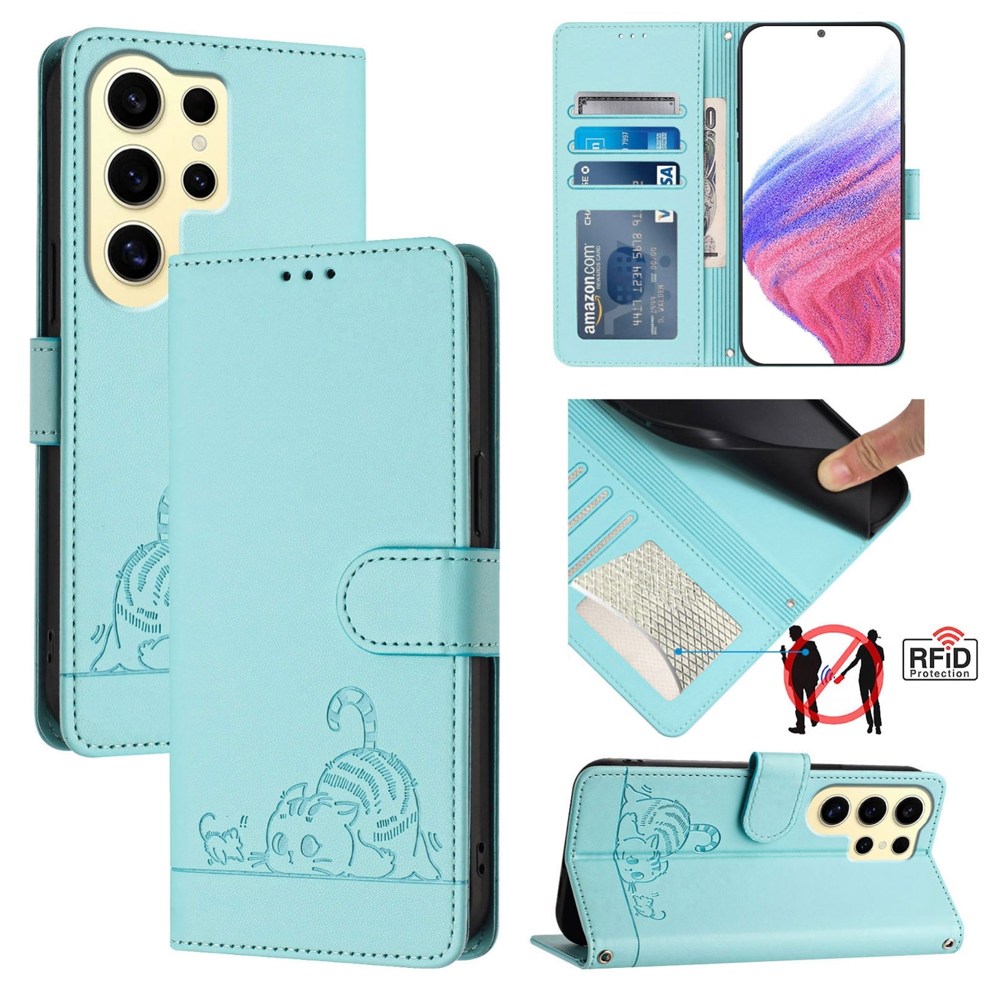 Samsung Galaxy S24 Ultra 5G Cat and Rat Embossed Pattern, RFID Leather Phone Case with Lanyard, Kickstand, and Wallet Features