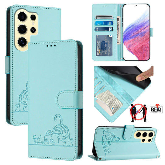 Samsung Galaxy S24 Ultra 5G Cat and Rat Embossed Pattern, RFID Leather Phone Case with Lanyard, Kickstand, and Wallet Features