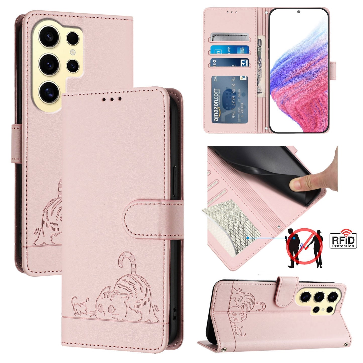 Samsung Galaxy S24 Ultra 5G Cat and Rat Embossed Pattern, RFID Leather Phone Case with Lanyard, Kickstand, and Wallet Features