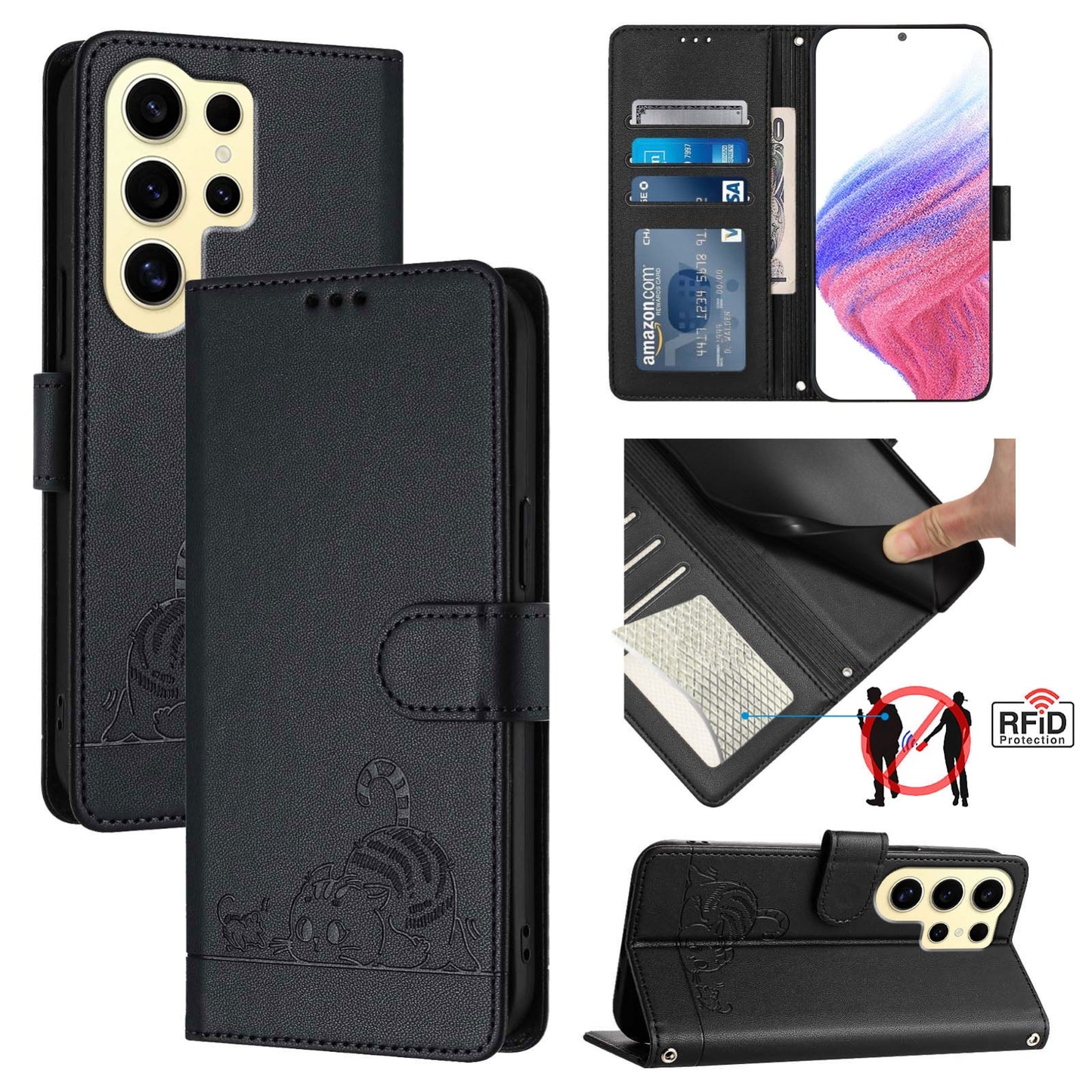 Samsung Galaxy S24 Ultra 5G Cat and Rat Embossed Pattern, RFID Leather Phone Case with Lanyard, Kickstand, and Wallet Features