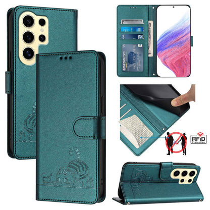 Samsung Galaxy S24 Ultra 5G Cat and Rat Embossed Pattern, RFID Leather Phone Case with Lanyard, Kickstand, and Wallet Features