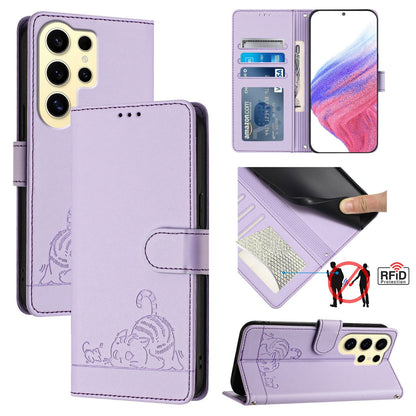 Samsung Galaxy S24 Ultra 5G Cat and Rat Embossed Pattern, RFID Leather Phone Case with Lanyard, Kickstand, and Wallet Features