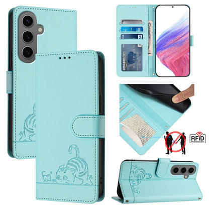 Samsung Galaxy S24+ 5G Cat and Rat Embossed Pattern, RFID Leather Phone Case with Lanyard, Kickstand, and Wallet Features