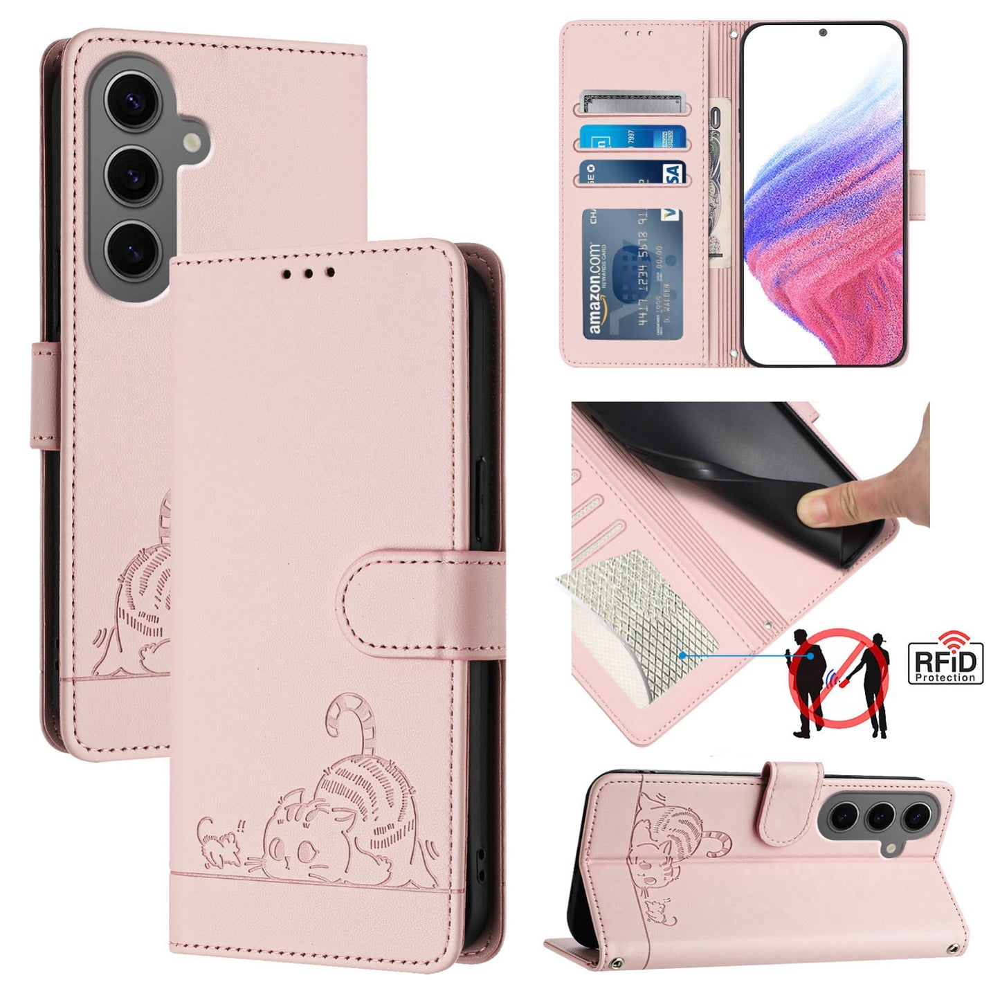 Samsung Galaxy S24+ 5G Cat and Rat Embossed Pattern, RFID Leather Phone Case with Lanyard, Kickstand, and Wallet Features