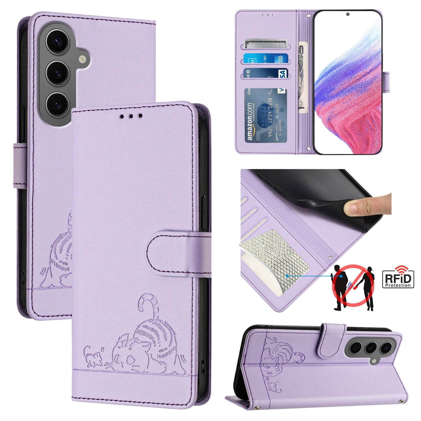 Samsung Galaxy S24+ 5G Cat and Rat Embossed Pattern, RFID Leather Phone Case with Lanyard, Kickstand, and Wallet Features