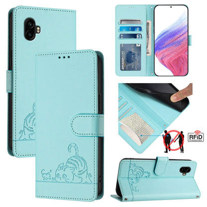 Samsung Galaxy Xcover6 Pro Cat and Rat Embossed Pattern, RFID Leather Phone Case with Lanyard, Kickstand, and Wallet Features