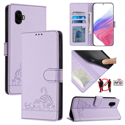 Samsung Galaxy Xcover6 Pro Cat and Rat Embossed Pattern, RFID Leather Phone Case with Lanyard, Kickstand, and Wallet Features