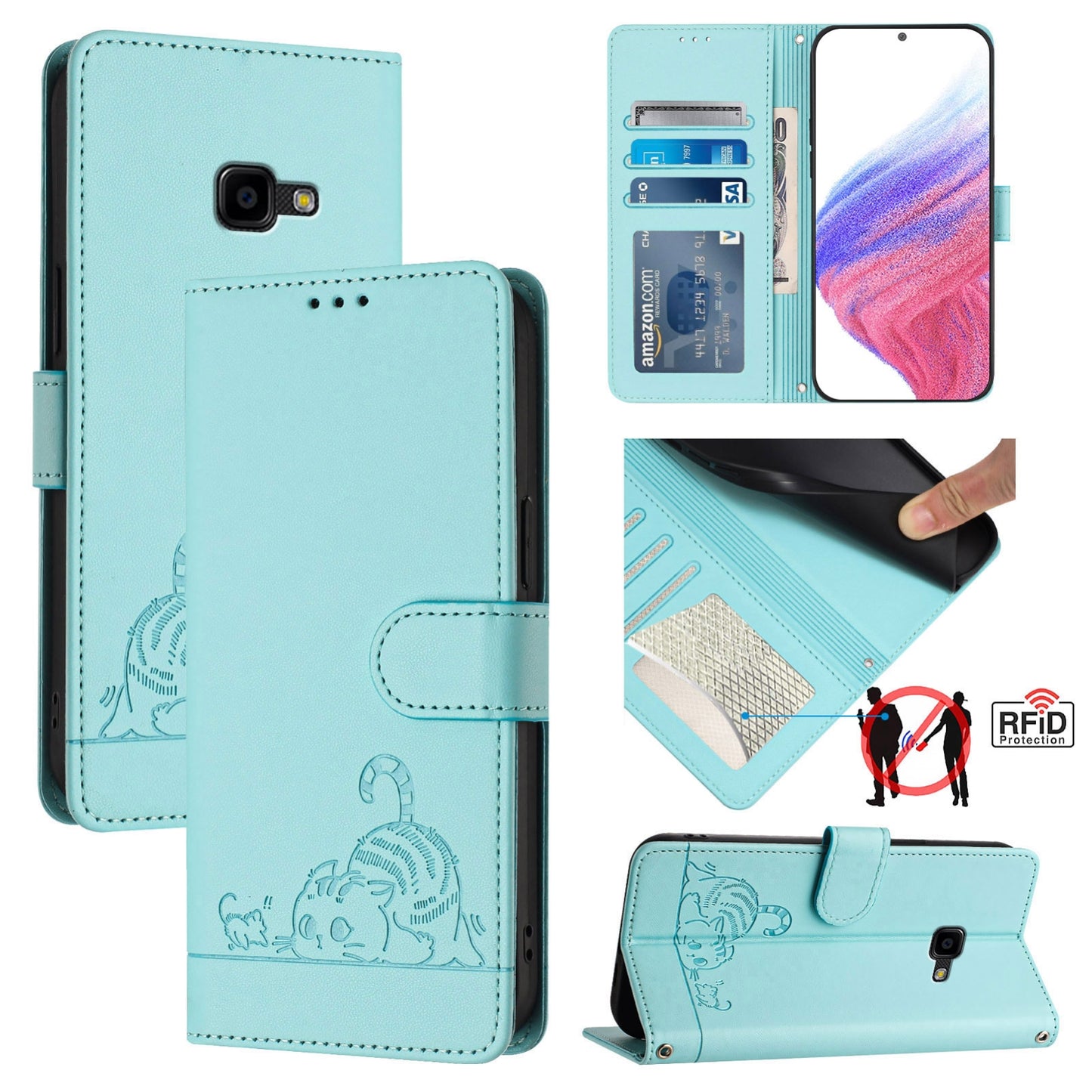 Samsung Galaxy Xcover 4 Cat and Rat Embossed Pattern, RFID Leather Phone Case with Lanyard, Kickstand, and Wallet Features