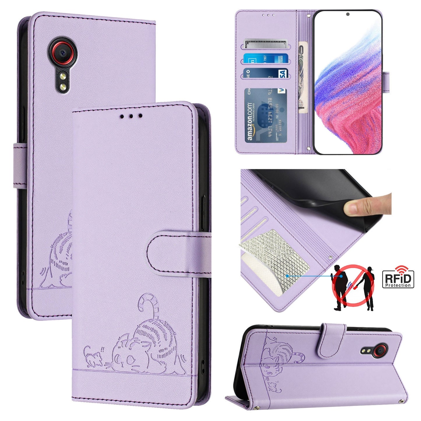 Samsung Galaxy Xcover 5 Cat and Rat Embossed Pattern, RFID Leather Phone Case with Lanyard, Kickstand, and Wallet Features