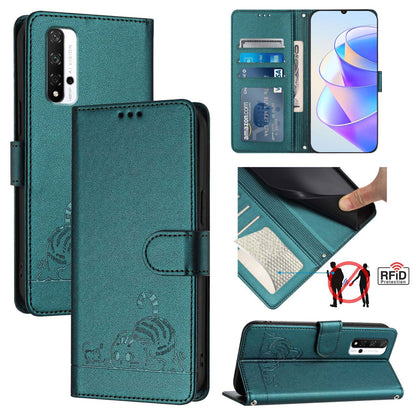 Honor 20 4G Cat and Rat Embossed Pattern, RFID Leather Phone Case with Lanyard, Kickstand, and Wallet Features