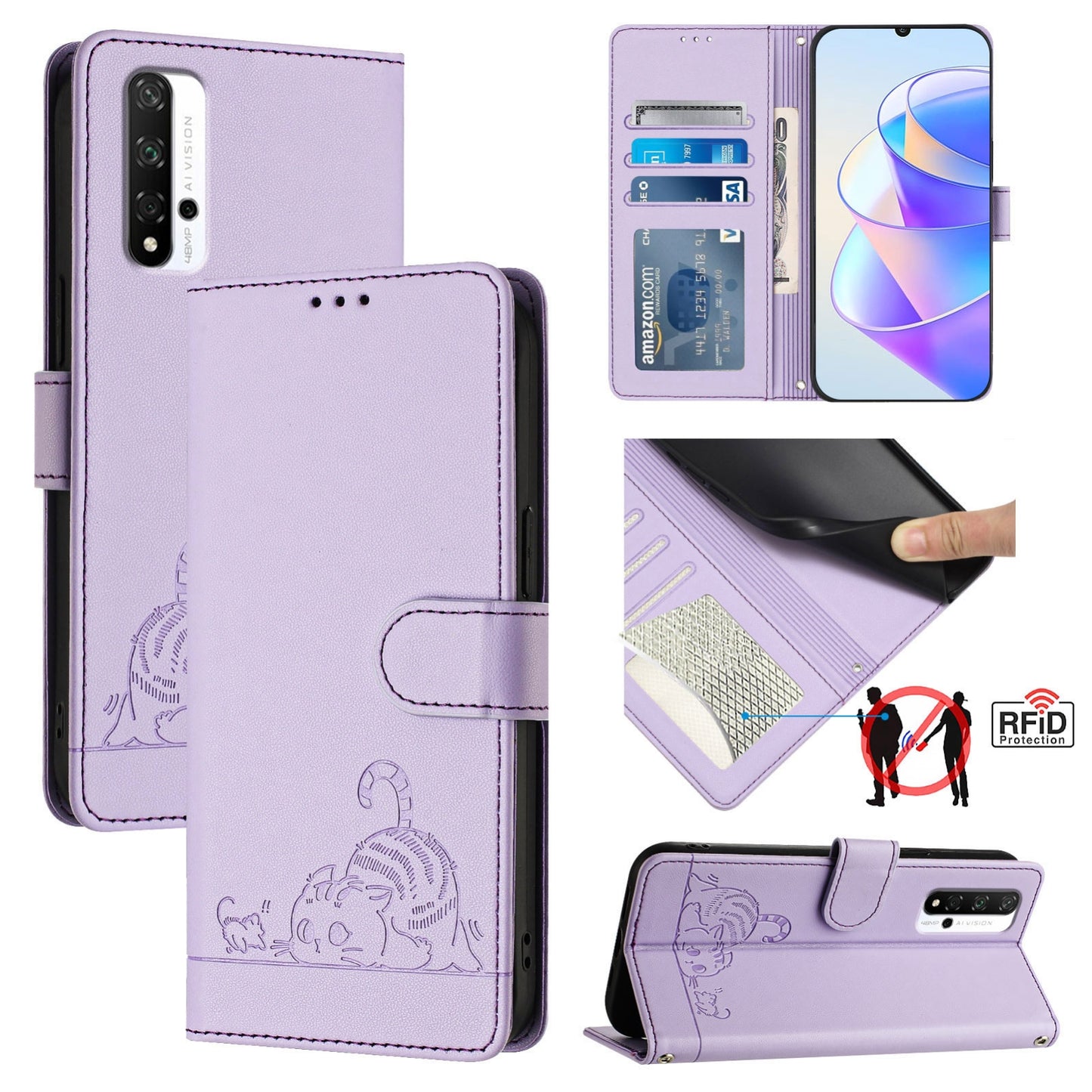 Honor 20 4G Cat and Rat Embossed Pattern, RFID Leather Phone Case with Lanyard, Kickstand, and Wallet Features