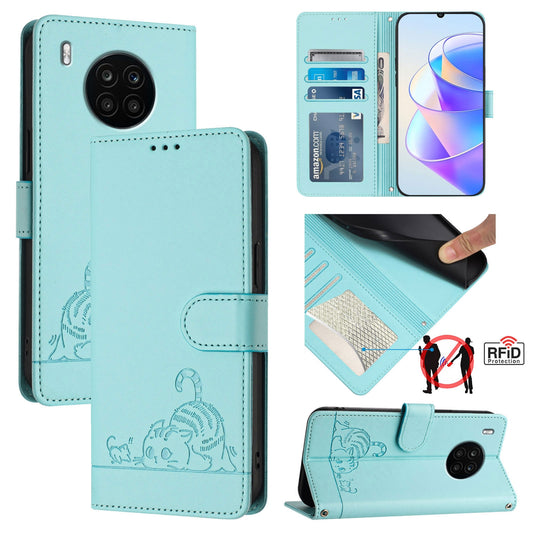 Honor 50 Lite Cat and Rat Embossed Pattern, RFID Leather Phone Case with Lanyard, Kickstand, and Wallet Features