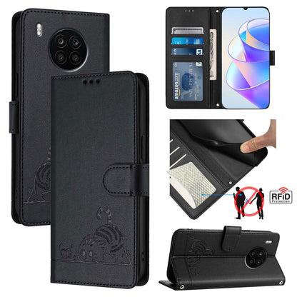 Honor 50 Lite Cat and Rat Embossed Pattern, RFID Leather Phone Case with Lanyard, Kickstand, and Wallet Features