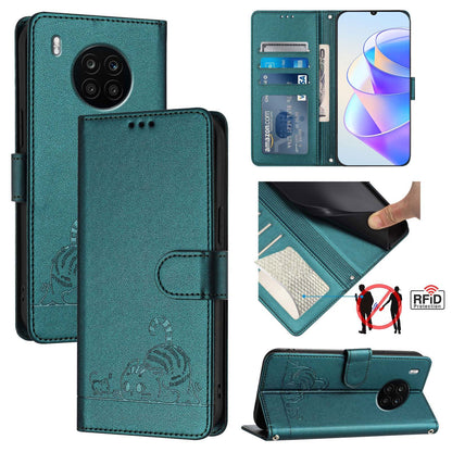 Honor 50 Lite Cat and Rat Embossed Pattern, RFID Leather Phone Case with Lanyard, Kickstand, and Wallet Features