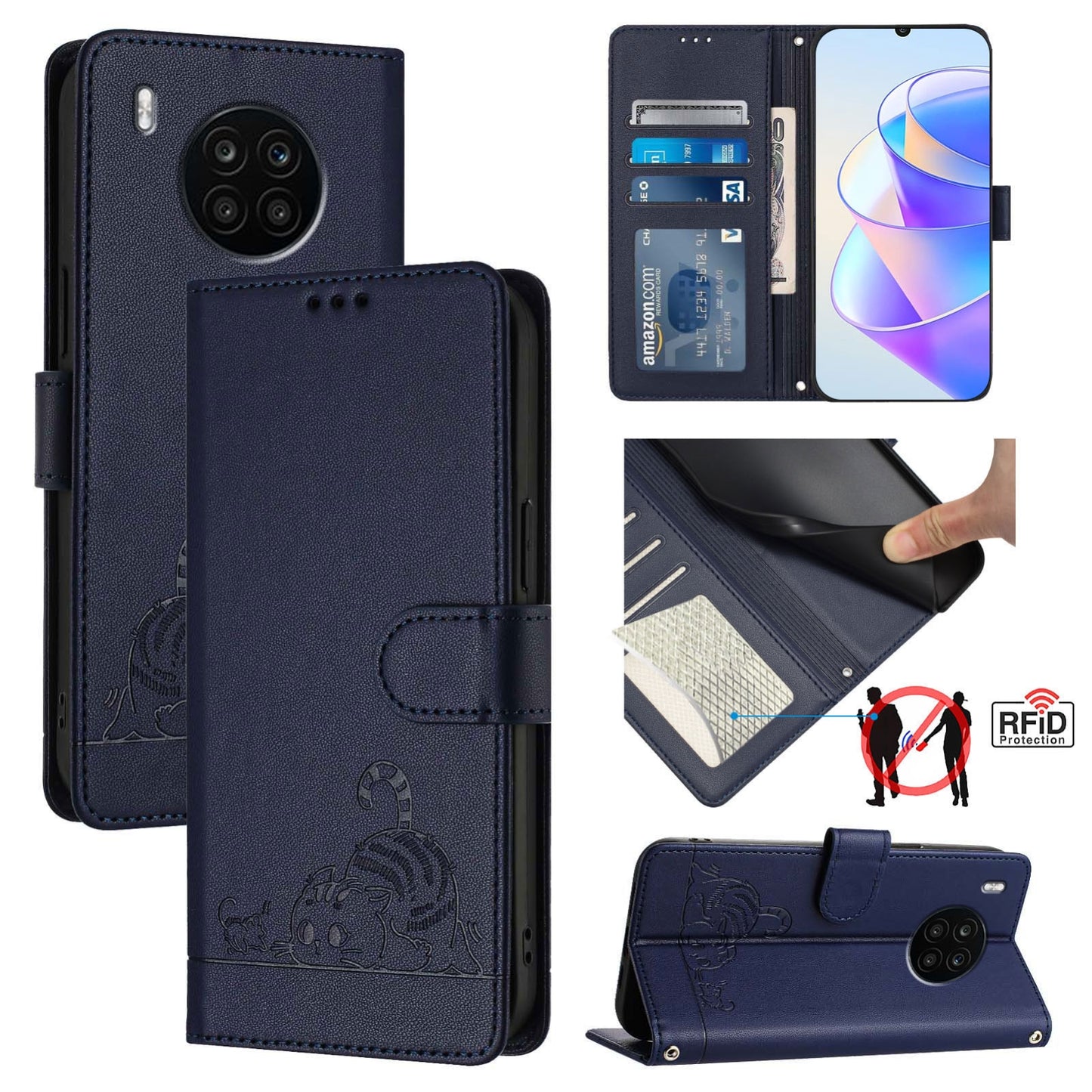 Honor 50 Lite Cat and Rat Embossed Pattern, RFID Leather Phone Case with Lanyard, Kickstand, and Wallet Features