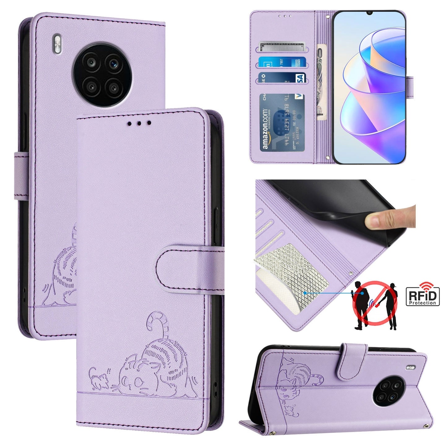 Honor 50 Lite Cat and Rat Embossed Pattern, RFID Leather Phone Case with Lanyard, Kickstand, and Wallet Features