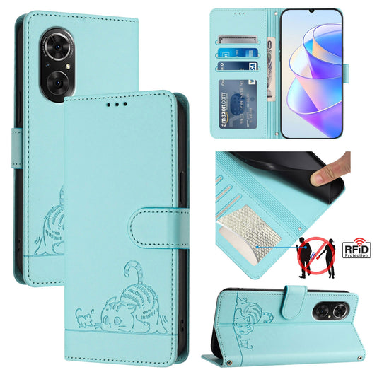 Honor 50 SE Cat and Rat Embossed Pattern, RFID Leather Phone Case with Lanyard, Kickstand, and Wallet Features