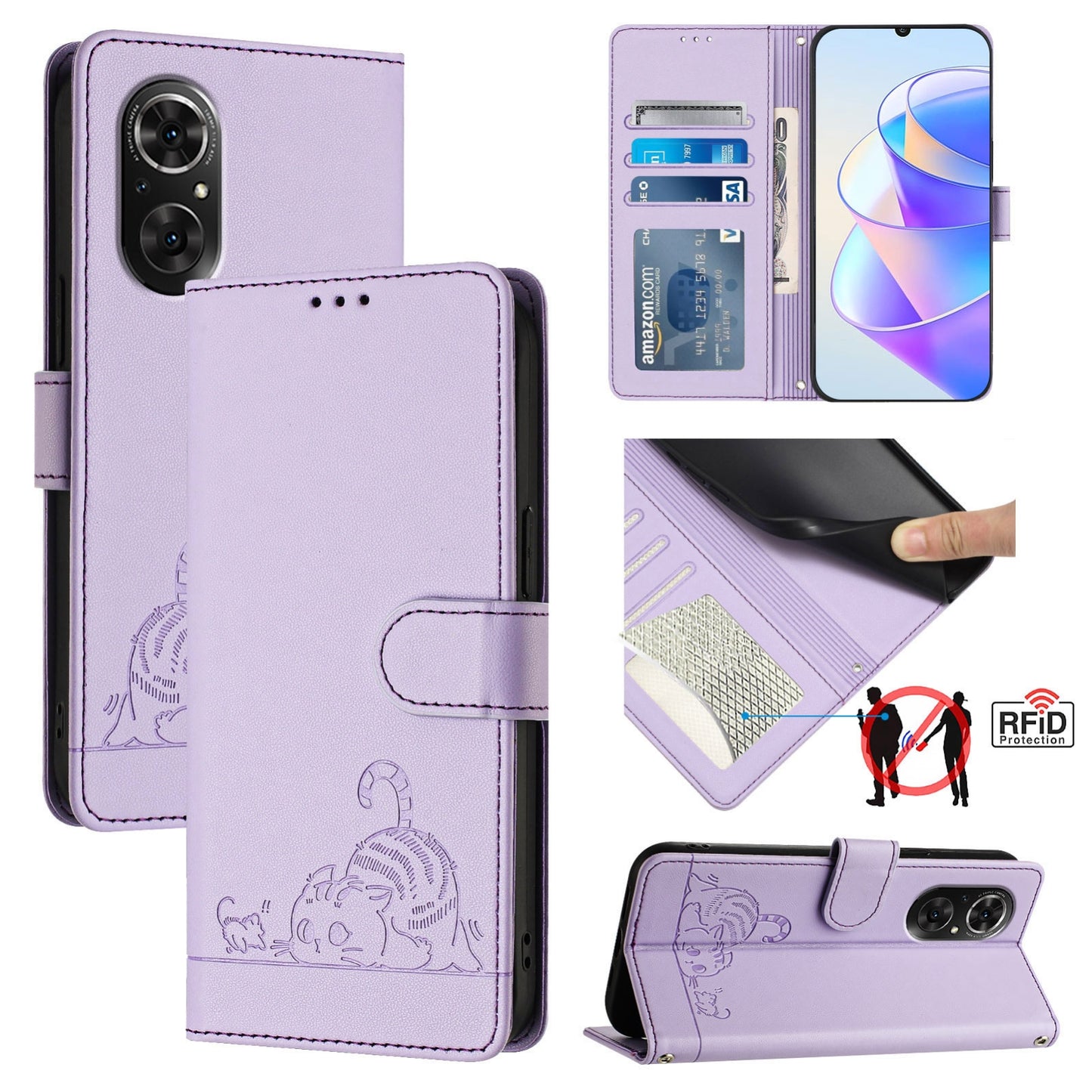 Honor 50 SE Cat and Rat Embossed Pattern, RFID Leather Phone Case with Lanyard, Kickstand, and Wallet Features