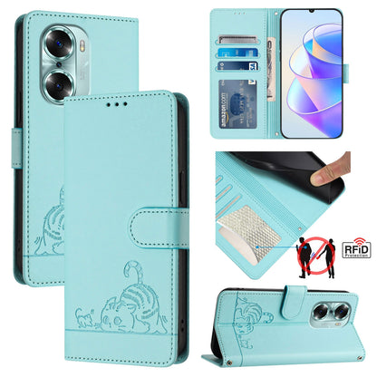 Honor 60 5G Cat and Rat Embossed Pattern, RFID Leather Phone Case with Lanyard, Kickstand, and Wallet Features