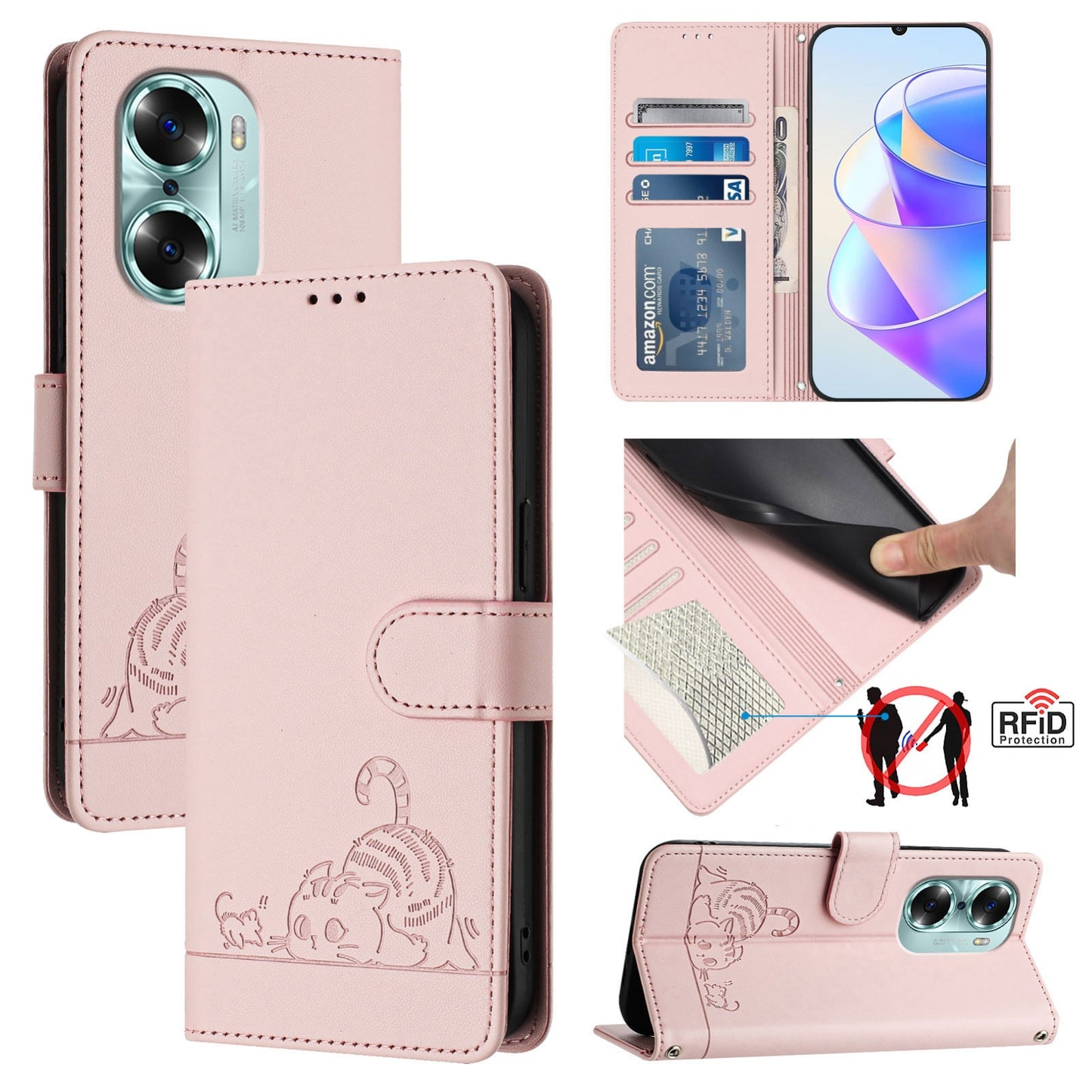 Honor 60 5G Cat and Rat Embossed Pattern, RFID Leather Phone Case with Lanyard, Kickstand, and Wallet Features