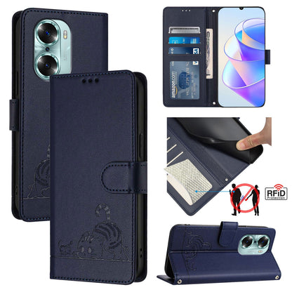 Honor 60 5G Cat and Rat Embossed Pattern, RFID Leather Phone Case with Lanyard, Kickstand, and Wallet Features