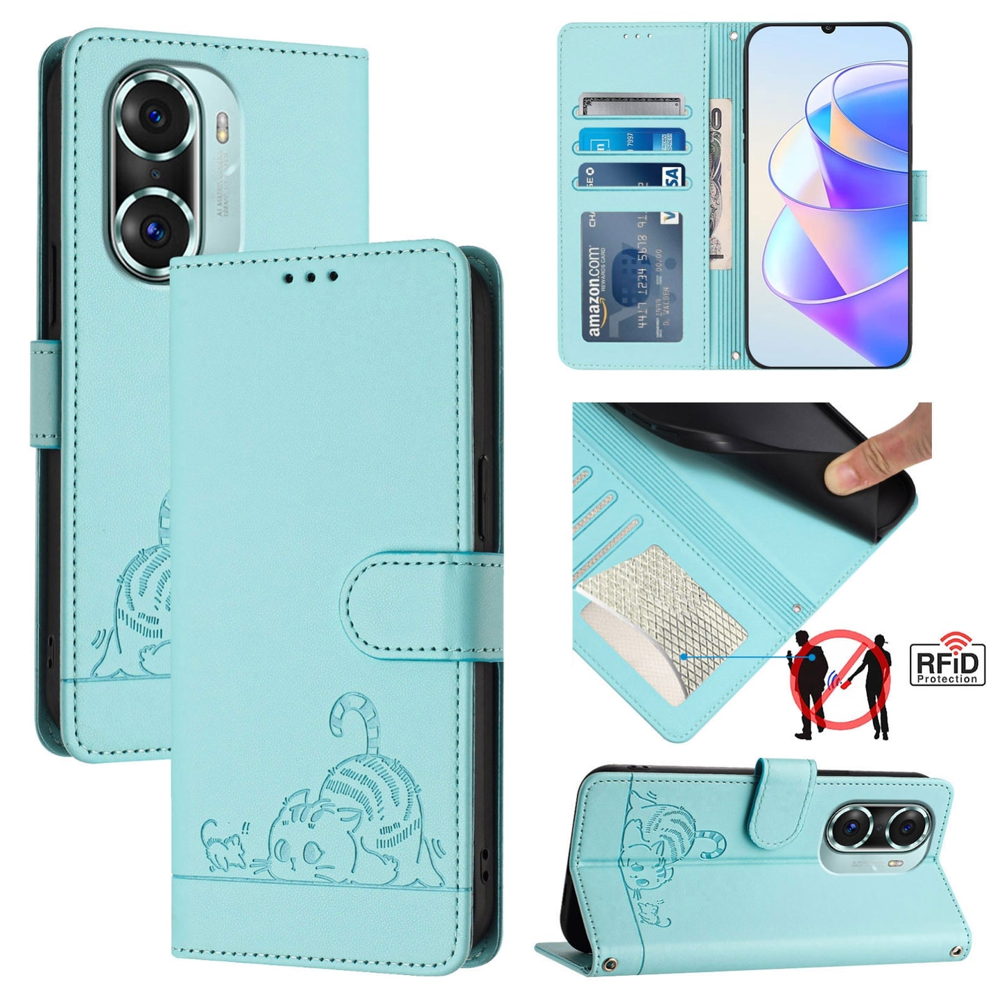 Honor 60 Pro 5G Cat and Rat Embossed Pattern, RFID Leather Phone Case with Lanyard, Kickstand, and Wallet Features