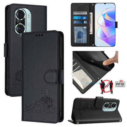 Honor 60 Pro 5G Cat and Rat Embossed Pattern, RFID Leather Phone Case with Lanyard, Kickstand, and Wallet Features