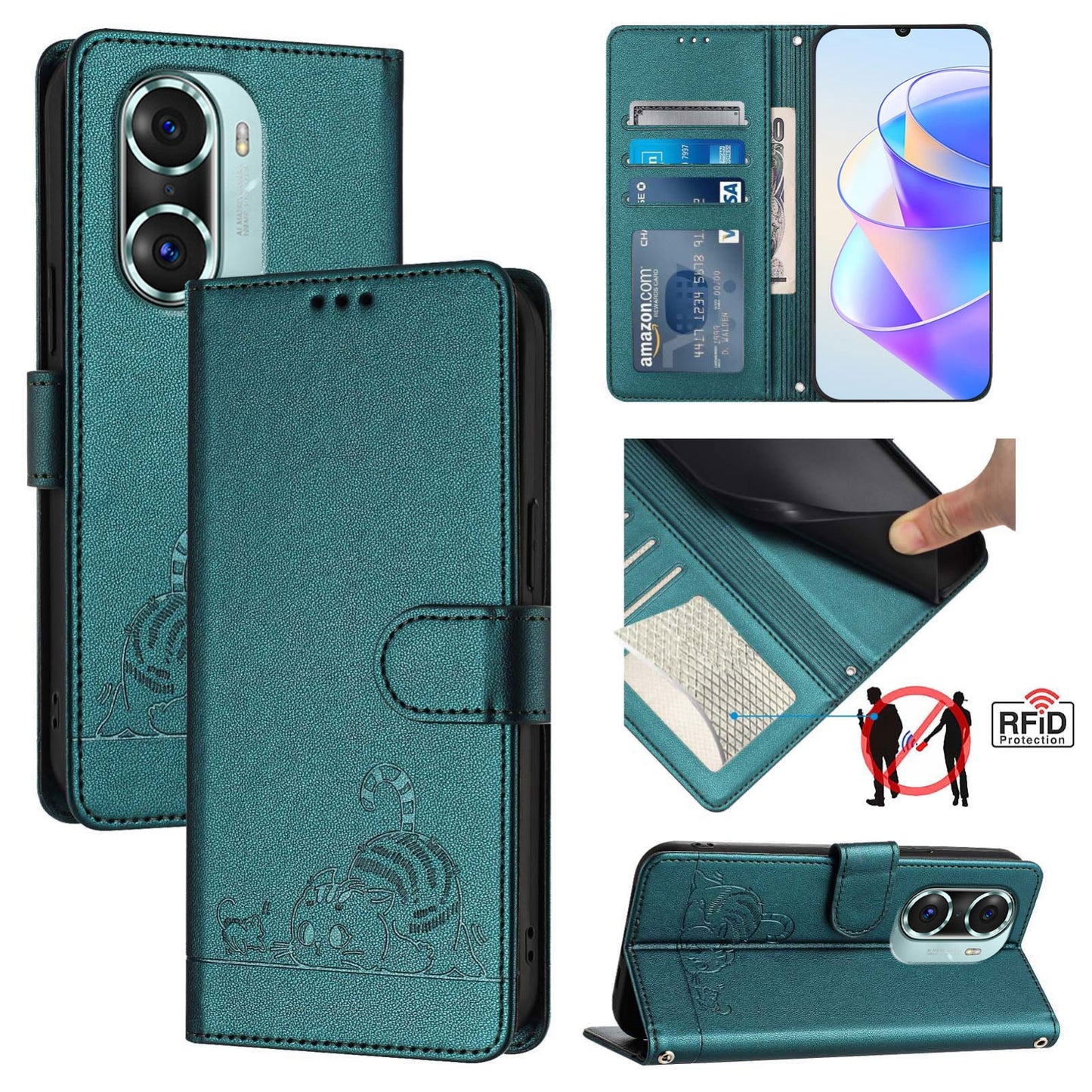 Honor 60 Pro 5G Cat and Rat Embossed Pattern, RFID Leather Phone Case with Lanyard, Kickstand, and Wallet Features