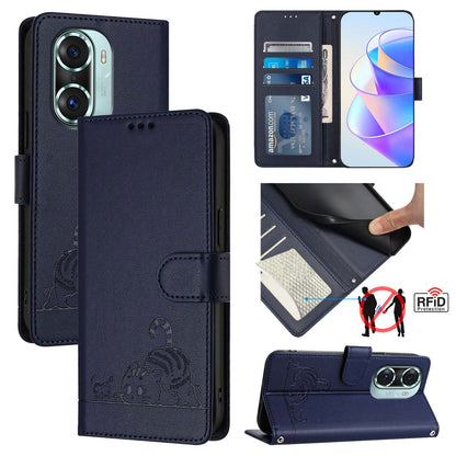 Honor 60 Pro 5G Cat and Rat Embossed Pattern, RFID Leather Phone Case with Lanyard, Kickstand, and Wallet Features