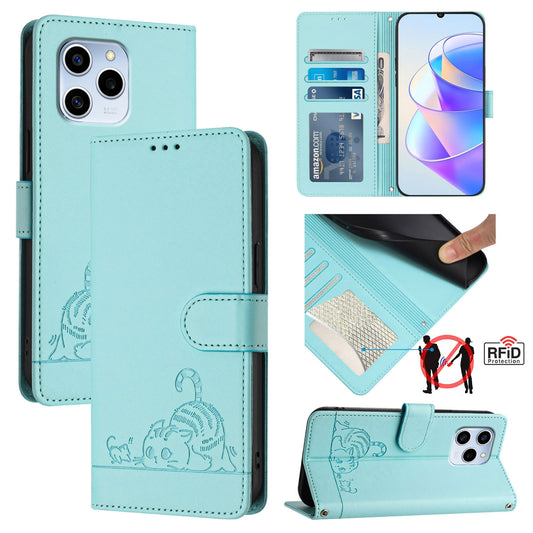 Honor 60 SE 5G Cat and Rat Embossed Pattern, RFID Leather Phone Case with Lanyard, Kickstand, and Wallet Features