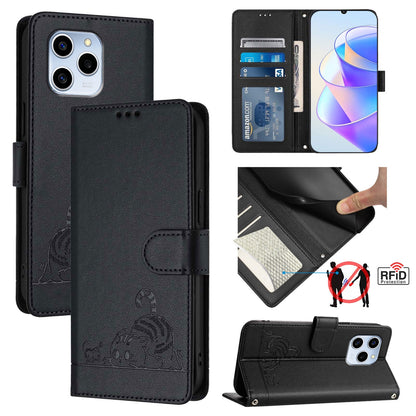 Honor 60 SE 5G Cat and Rat Embossed Pattern, RFID Leather Phone Case with Lanyard, Kickstand, and Wallet Features