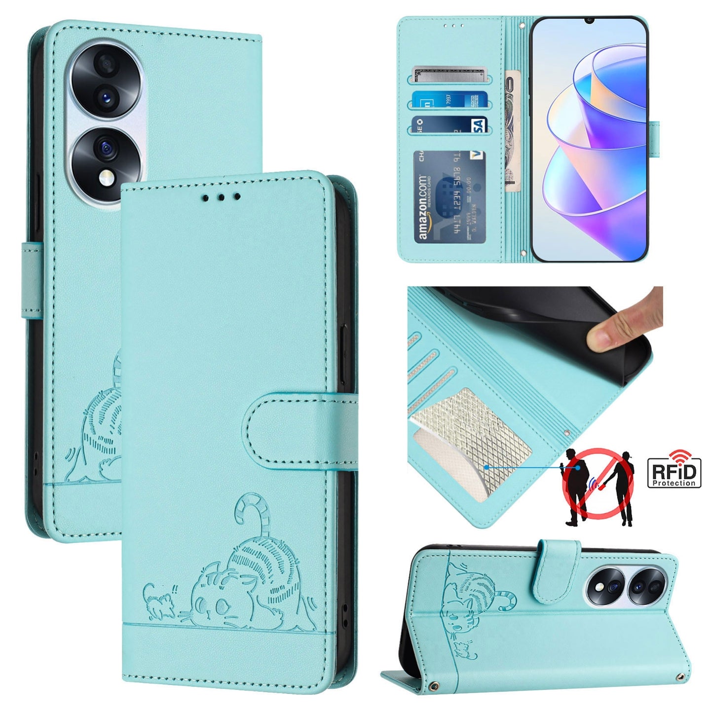 Honor 70 5G Cat and Rat Embossed Pattern, RFID Leather Phone Case with Lanyard, Kickstand, and Wallet Features