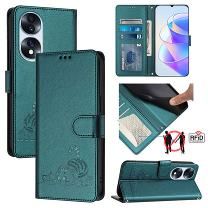 Honor 70 5G Cat and Rat Embossed Pattern, RFID Leather Phone Case with Lanyard, Kickstand, and Wallet Features