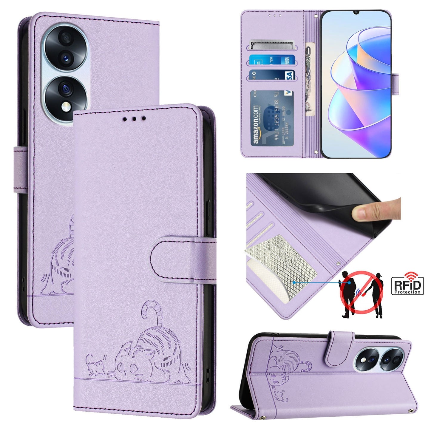 Honor 70 5G Cat and Rat Embossed Pattern, RFID Leather Phone Case with Lanyard, Kickstand, and Wallet Features