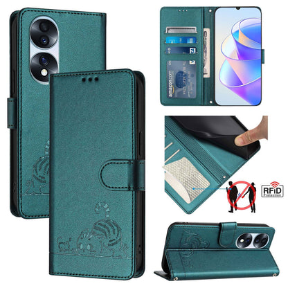 Honor 70 Pro 5G Cat and Rat Embossed Pattern, RFID Leather Phone Case with Lanyard, Kickstand, and Wallet Features