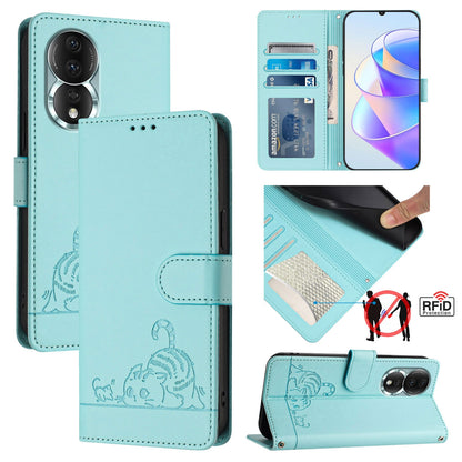 Honor 80 5G Cat and Rat Embossed Pattern, RFID Leather Phone Case with Lanyard, Kickstand, and Wallet Features