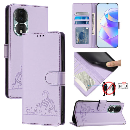 Honor 80 5G Cat and Rat Embossed Pattern, RFID Leather Phone Case with Lanyard, Kickstand, and Wallet Features