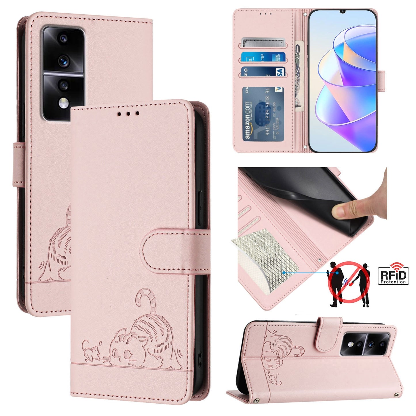 Honor 80 GT 5G Cat and Rat Embossed Pattern, RFID Leather Phone Case with Lanyard, Kickstand, and Wallet Features