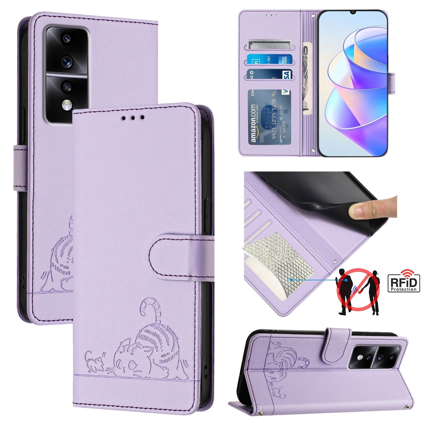 Honor 80 GT 5G Cat and Rat Embossed Pattern, RFID Leather Phone Case with Lanyard, Kickstand, and Wallet Features