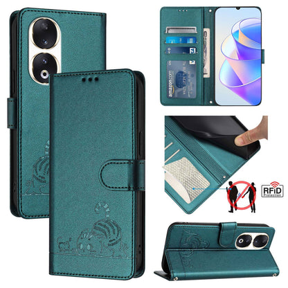 Honor 90 5G Cat and Rat Embossed Pattern, RFID Leather Phone Case with Lanyard, Kickstand, and Wallet Features