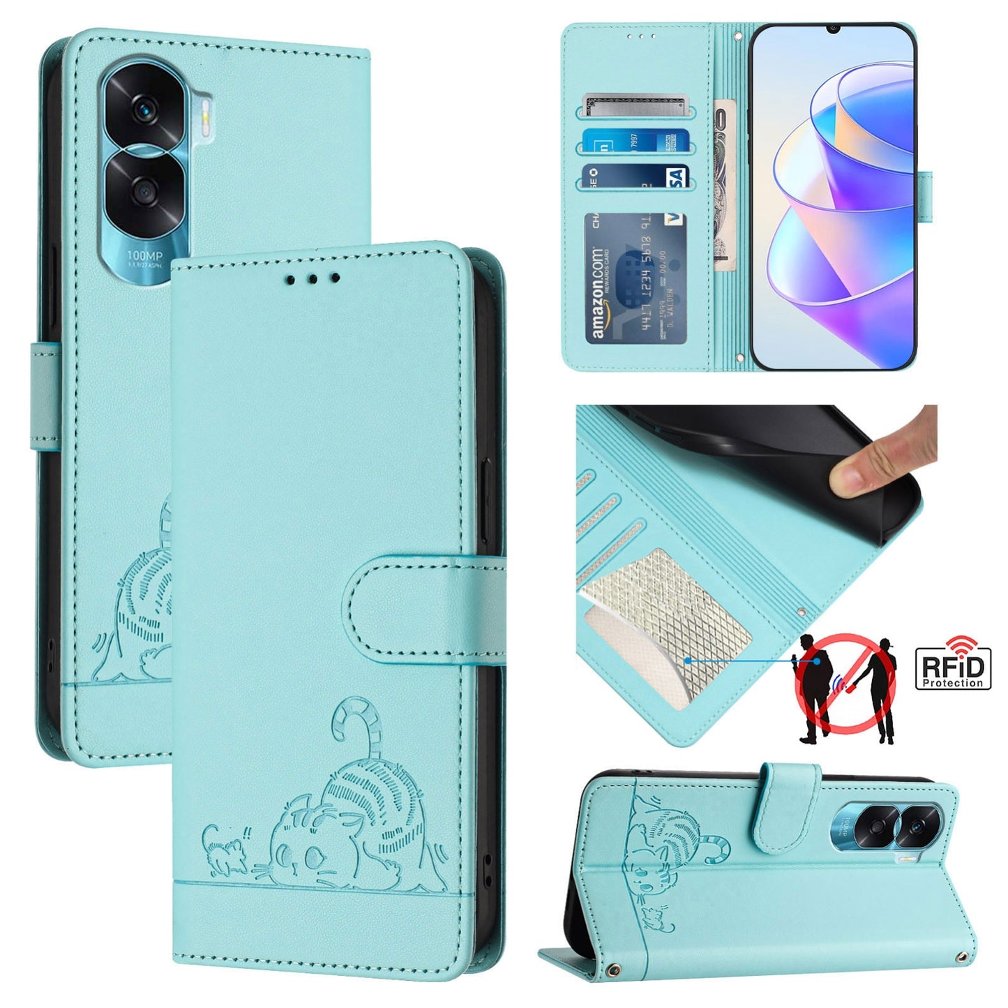 Honor 90 Lite 5G Cat and Rat Embossed Pattern, RFID Leather Phone Case with Lanyard, Kickstand, and Wallet Features