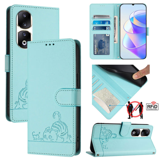 Honor 90 Pro 5G Cat and Rat Embossed Pattern, RFID Leather Phone Case with Lanyard, Kickstand, and Wallet Features