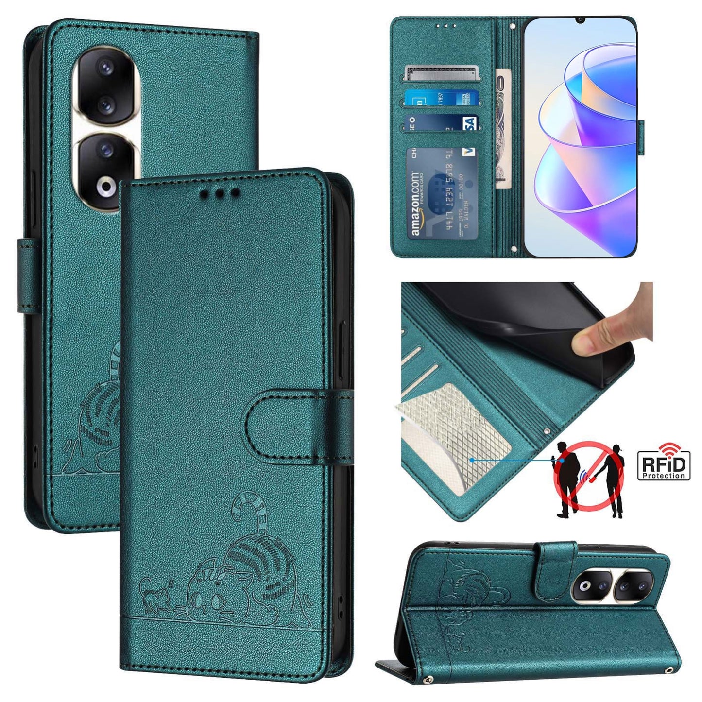 Honor 90 Pro 5G Cat and Rat Embossed Pattern, RFID Leather Phone Case with Lanyard, Kickstand, and Wallet Features