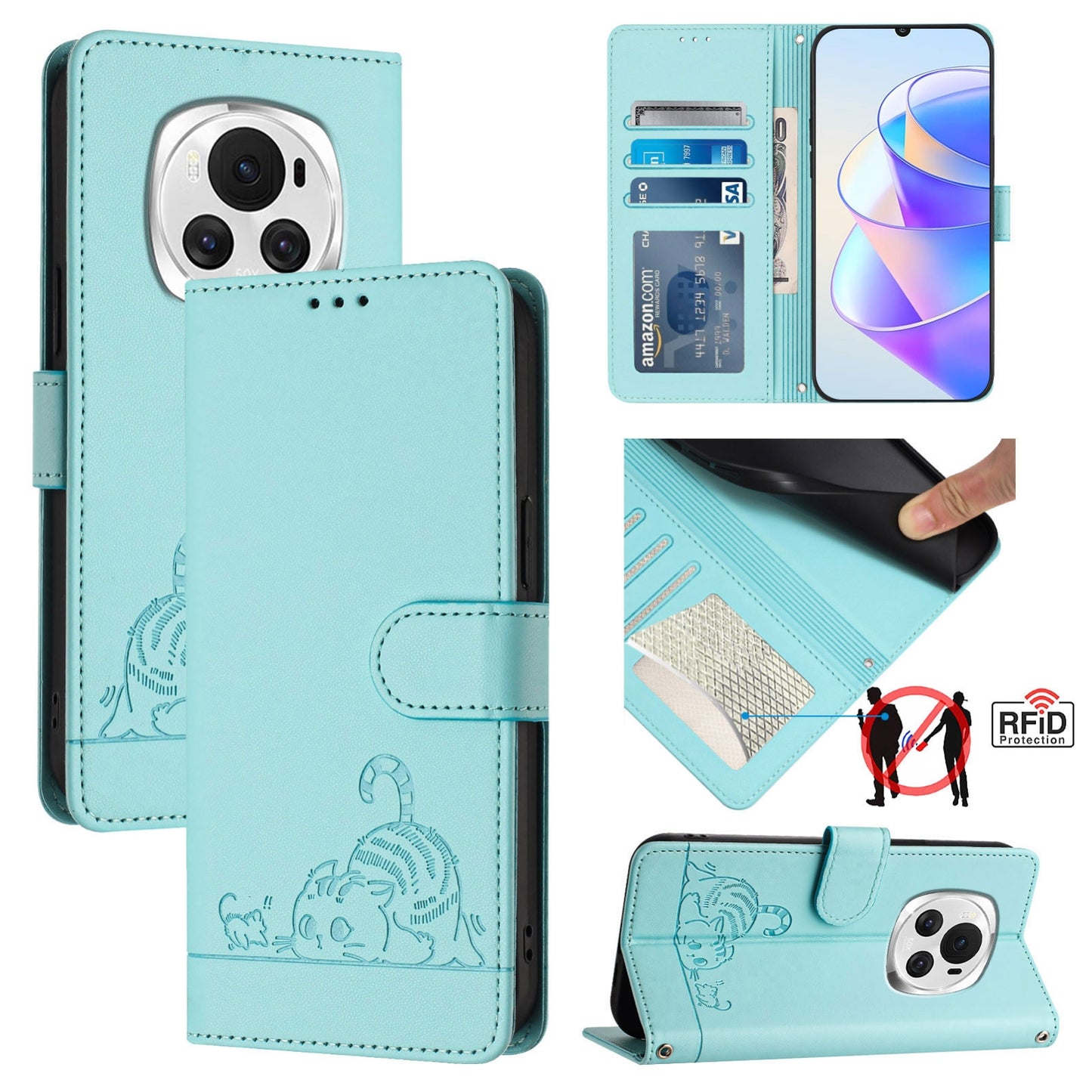 Honor Magic6 5G Global Cat and Rat Embossed Pattern, RFID Leather Phone Case with Lanyard, Kickstand, and Wallet Features