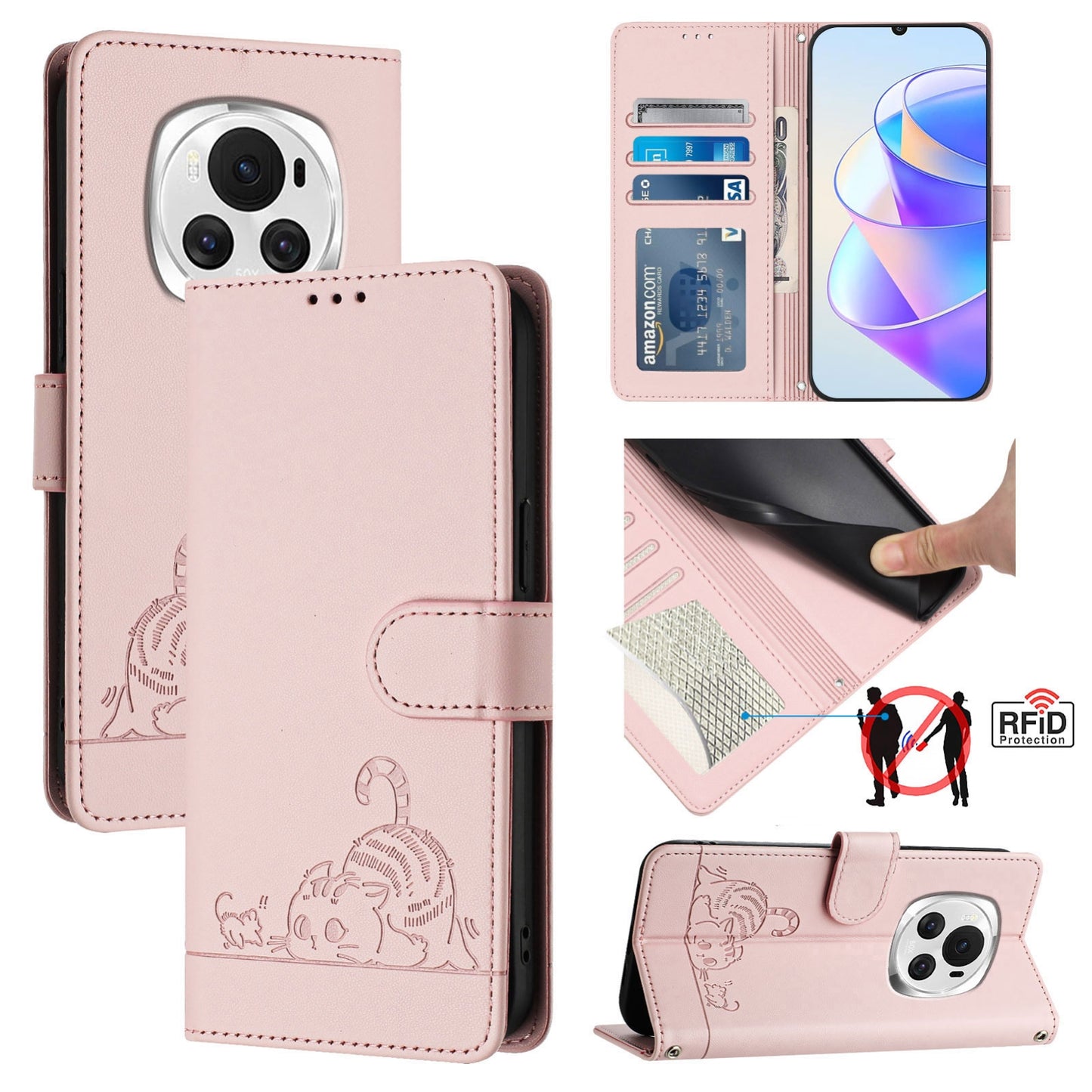 Honor Magic6 5G Global Cat and Rat Embossed Pattern, RFID Leather Phone Case with Lanyard, Kickstand, and Wallet Features