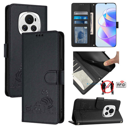 Honor Magic6 5G Global Cat and Rat Embossed Pattern, RFID Leather Phone Case with Lanyard, Kickstand, and Wallet Features