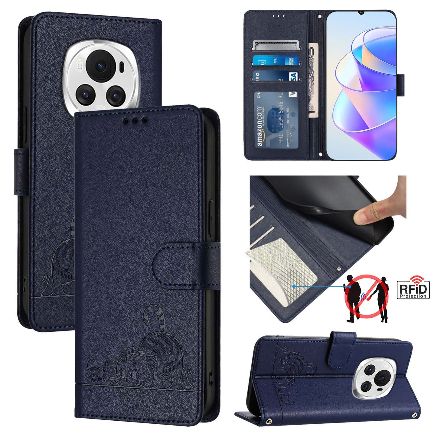 Honor Magic6 5G Global Cat and Rat Embossed Pattern, RFID Leather Phone Case with Lanyard, Kickstand, and Wallet Features