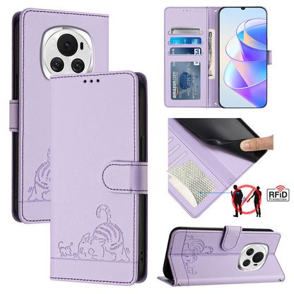 Honor Magic6 5G Global Cat and Rat Embossed Pattern, RFID Leather Phone Case with Lanyard, Kickstand, and Wallet Features