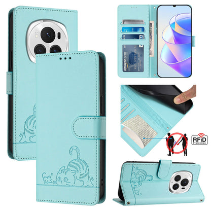 Honor Magic6 Pro 5G Global Cat and Rat Embossed Pattern, RFID Leather Phone Case with Lanyard, Kickstand, and Wallet Features